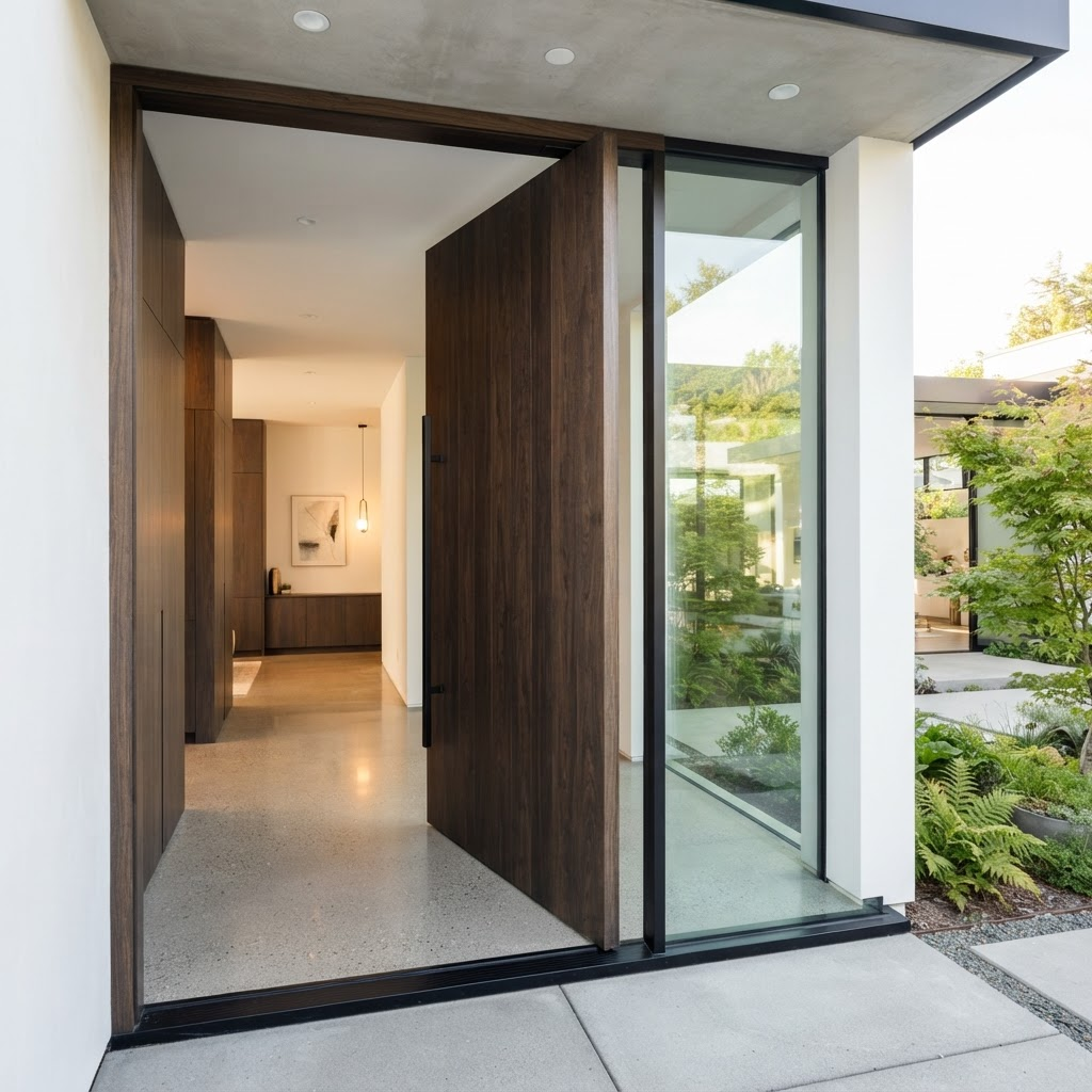 Puerta pivotante de madera de roble en el ingreso de una casa moderna y luminosa